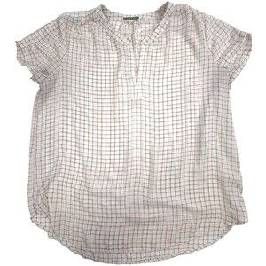 PLEIONE Split Neck Blouse Top Pleated Sleeve Grid Check Office Flowy Modern S